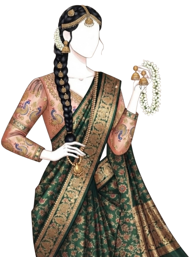 Illustration of a woman with braided hair holding a needle, wearing an embroidered blouse