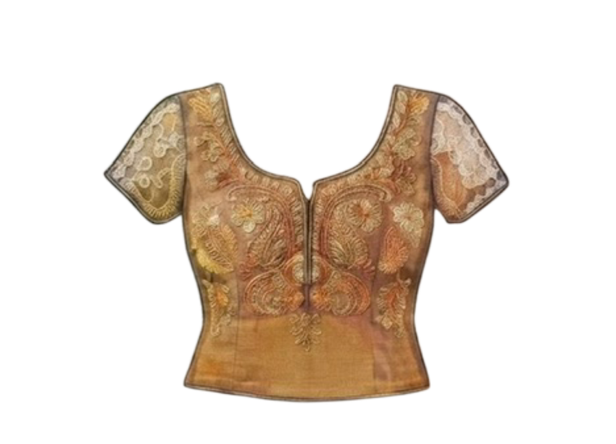 Gold embroidered blouse with lace sleeve