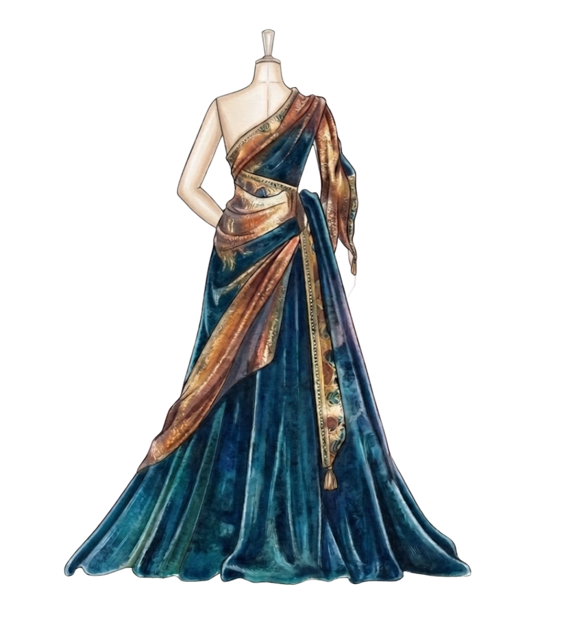 Teal and gold draped evening gown illustration