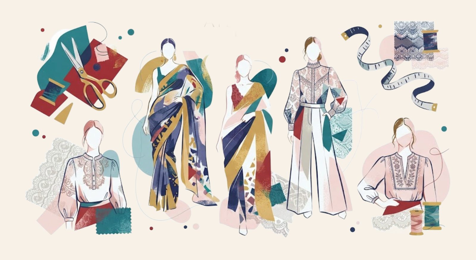 Collection of Aaruvi Tailors garment illustrations - sarees, salwar suits and embroidered blouses