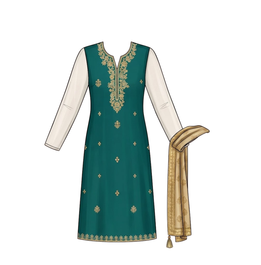Illustrated salwar suit in teal with gold embroidery