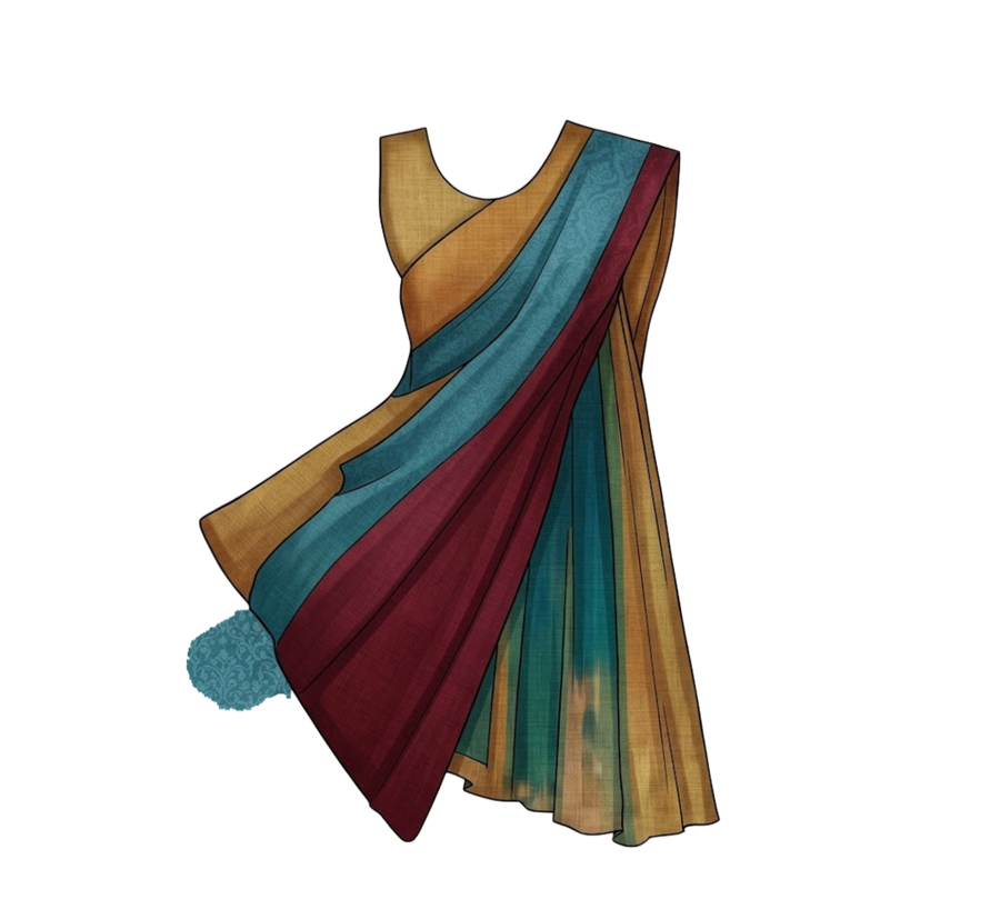 Illustrated saree in teal, maroon and gold