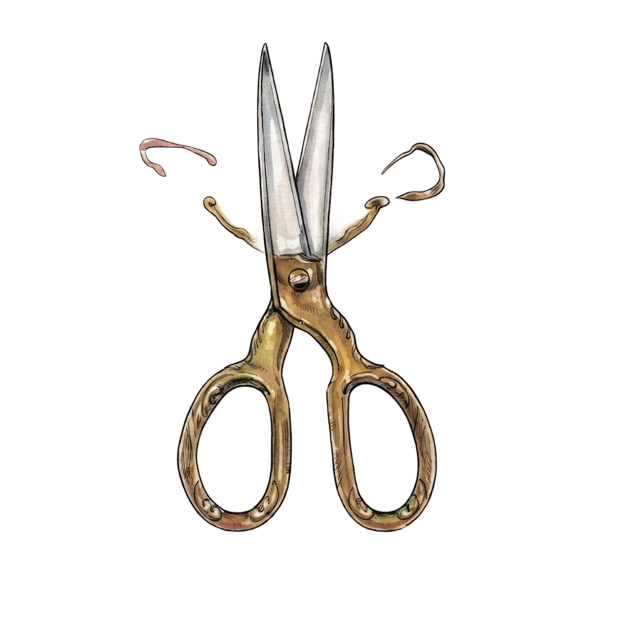 Ornate gold tailoring scissors on lace fabric